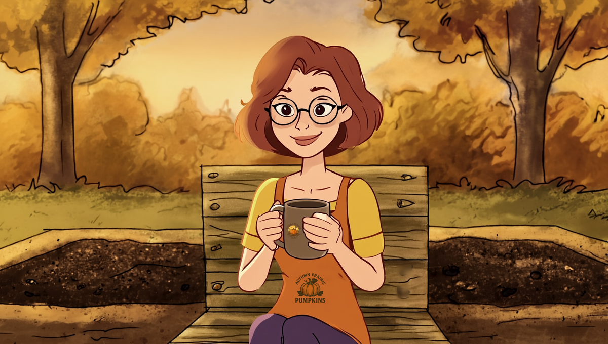 Maggie sitting on a garden bench beside a raised bed holding a warm mug of coffee on an autumn morning, Autumn Prairie Pumpkins Brew Journal