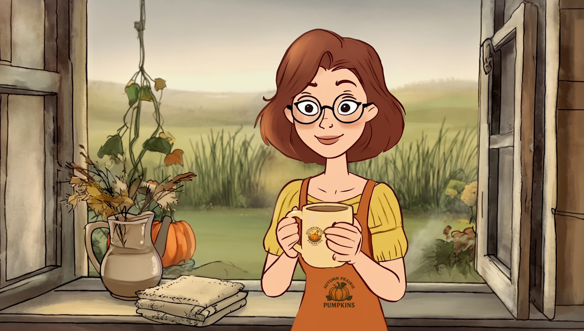 Maggie holding a warm mug of coffee at a farmhouse window on a cool fall morning, Autumn Prairie Pumpkins Brew Journal