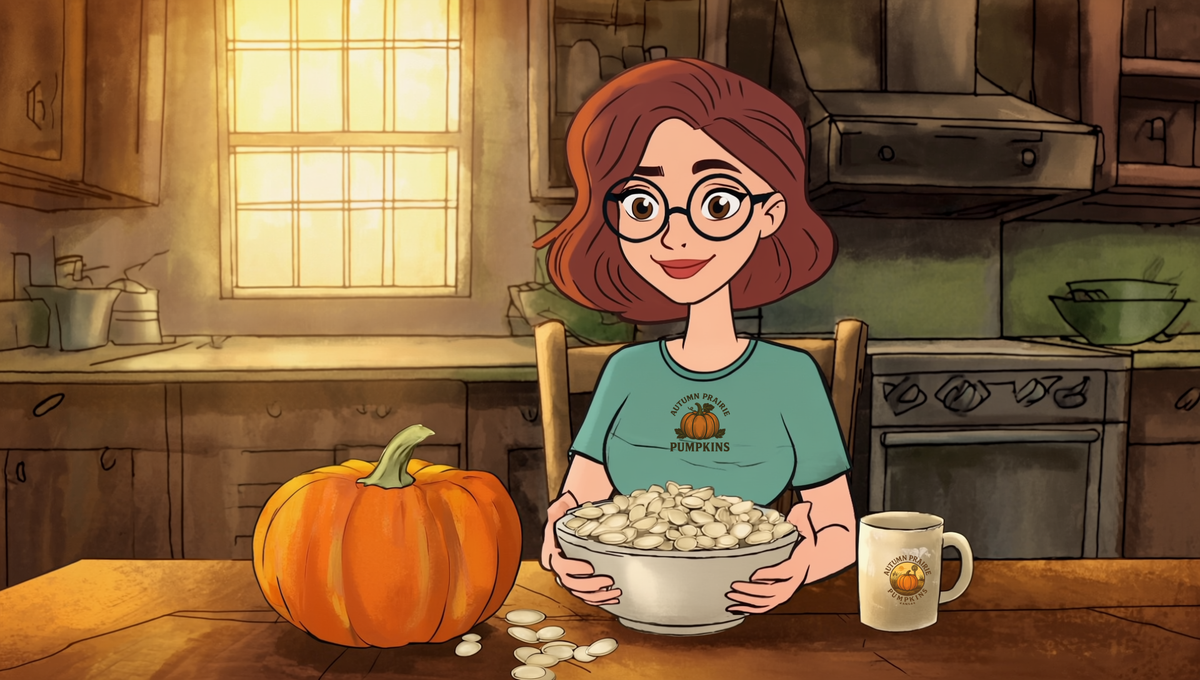 Maggie at a farmhouse kitchen table in autumn morning light holding a white bowl heaped with pale pumpkin seeds, a whole orange heirloom pumpkin beside her