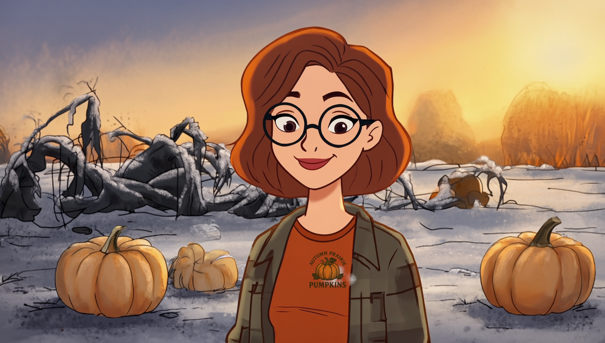 Maggie standing in a frost-bitten Kansas pumpkin patch at sunrise, collapsed blackened vines and frost on the ground behind her, intact tan heirloom pumpkins resting among the frozen foliage