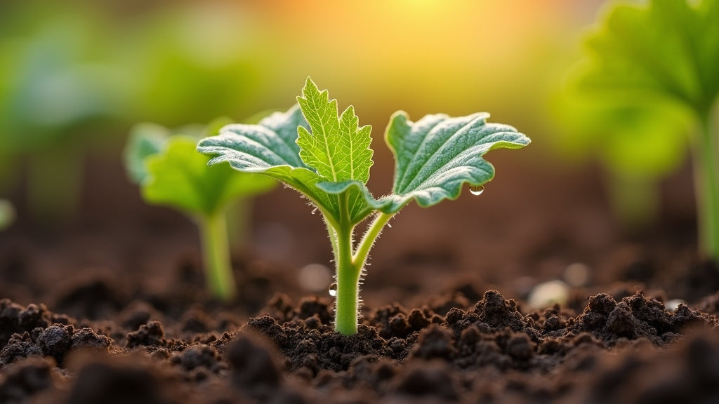 Young pumpkin seedling with cotyledon leaves in garden soil - Autumn Prairie Pumpkins