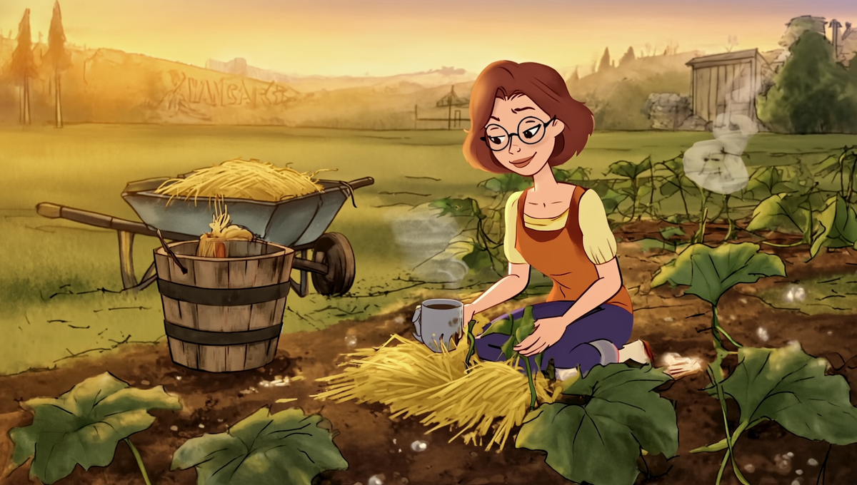 Maggie kneeling in a Kansas pumpkin patch at sunrise, tucking golden straw mulch around young vines with a steaming coffee mug nearby