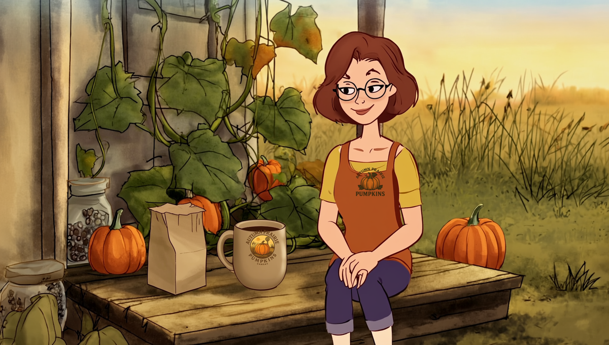 Maggie sitting on a Kansas porch step beside a mug of coffee, a coffee bag and a jar of beans, pumpkin vines behind her