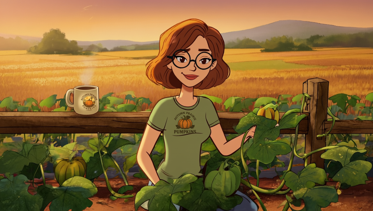 Maggie counting small green pumpkins on the vine during a July morning walk in a Kansas pumpkin patch, coffee mug on the fence post