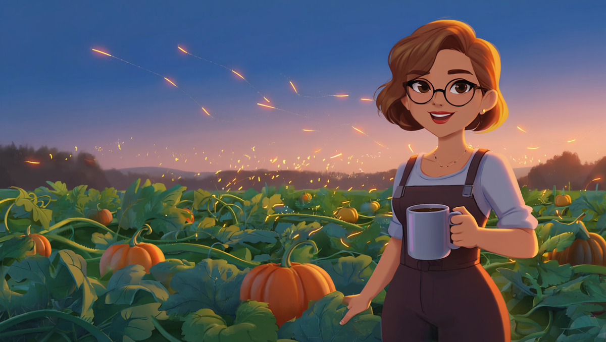 A woman watching fireflies glow over her Kansas pumpkin patch at dusk with a mug of coffee