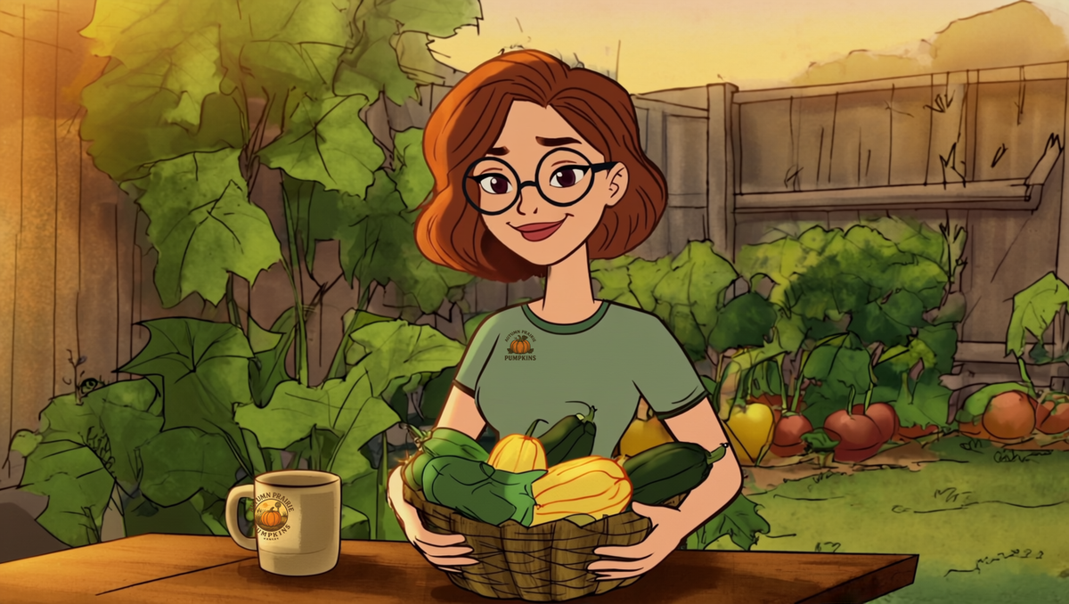 Maggie, the Autumn Prairie Pumpkins gardener, holding a basket of fresh summer squash and zucchini in a Kansas garden at golden hour