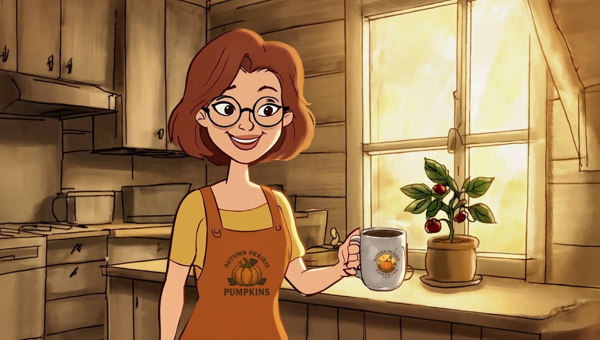 Maggie holding a coffee mug beside a potted coffee plant with red cherries on a sunny kitchen windowsill