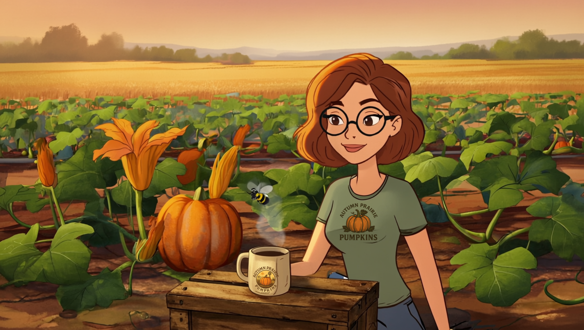 Maggie enjoying a mug of Kansas coffee on a wooden crate at the edge of a pumpkin patch at sunrise, warm 2D illustration