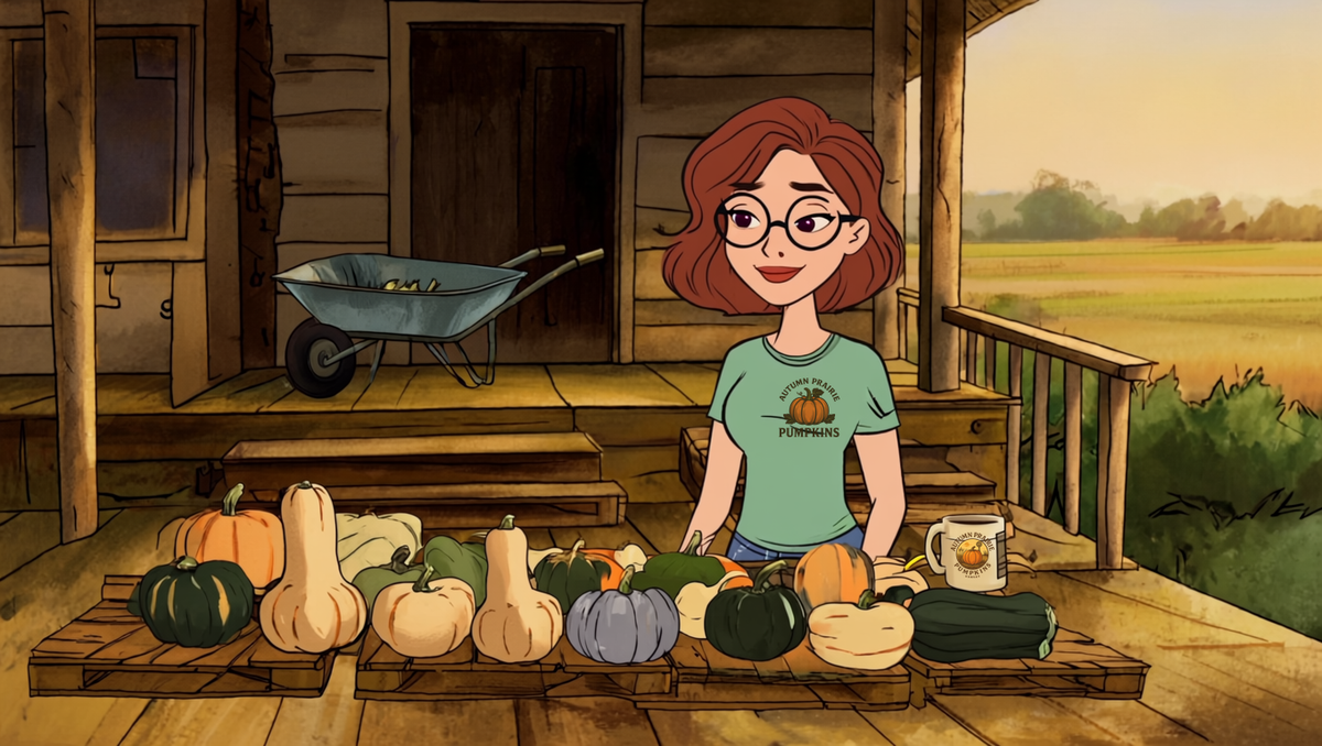 Maggie on a Kansas farmhouse porch beside rows of harvested heirloom pumpkins and winter squash laid out in a single layer on wooden pallets to cure