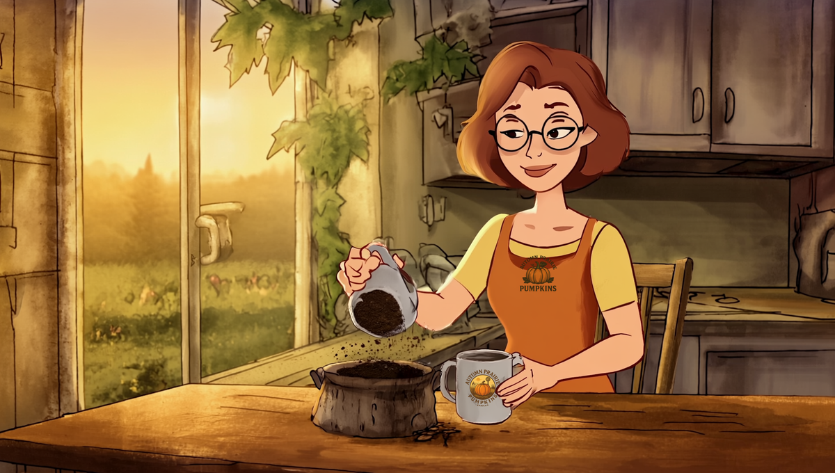 Maggie tipping used coffee grounds into a compost crock on a Kansas summer morning
