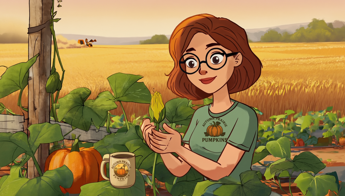 Cartoon illustration of Maggie in a Kansas pumpkin patch gently holding an unopened female pumpkin flower bud, with a ripening pumpkin and a cream mug of coffee nearby