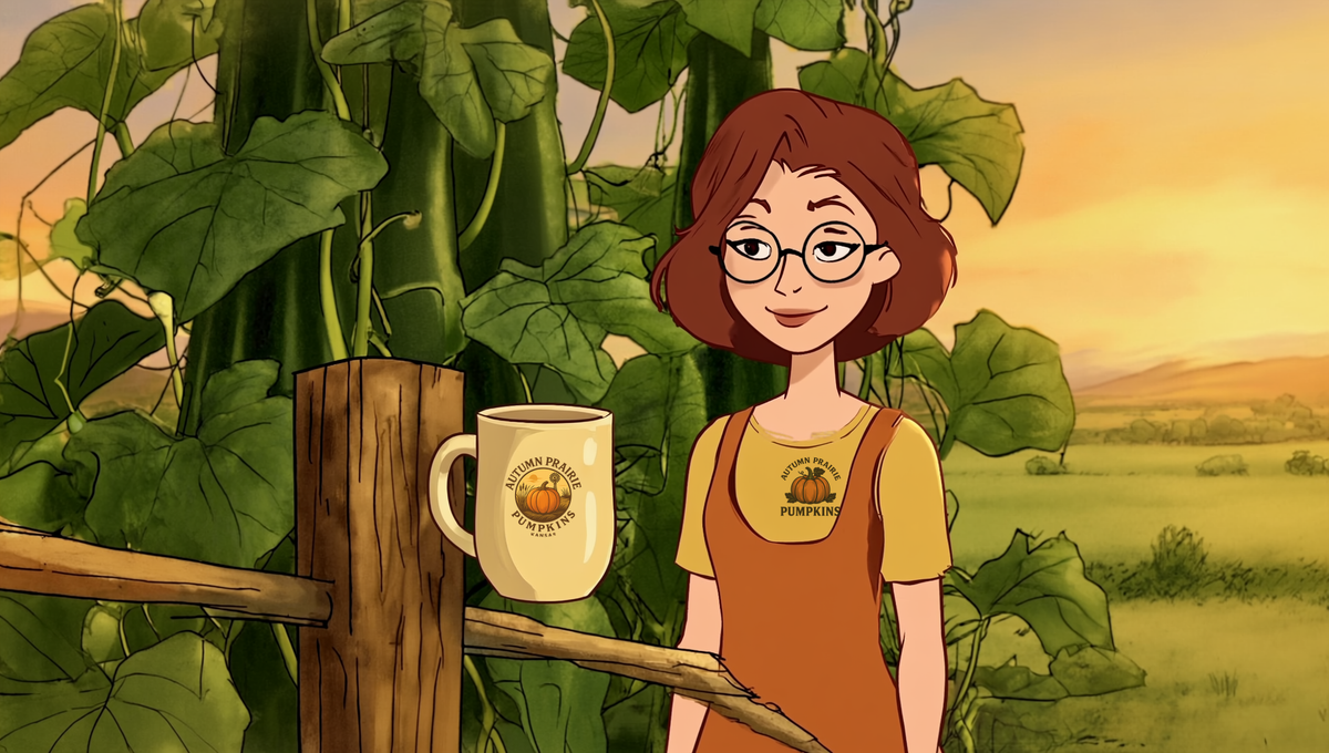 Maggie with a mug of Autumn Prairie Pumpkins coffee resting on a fence post at sunrise in a Kansas squash patch