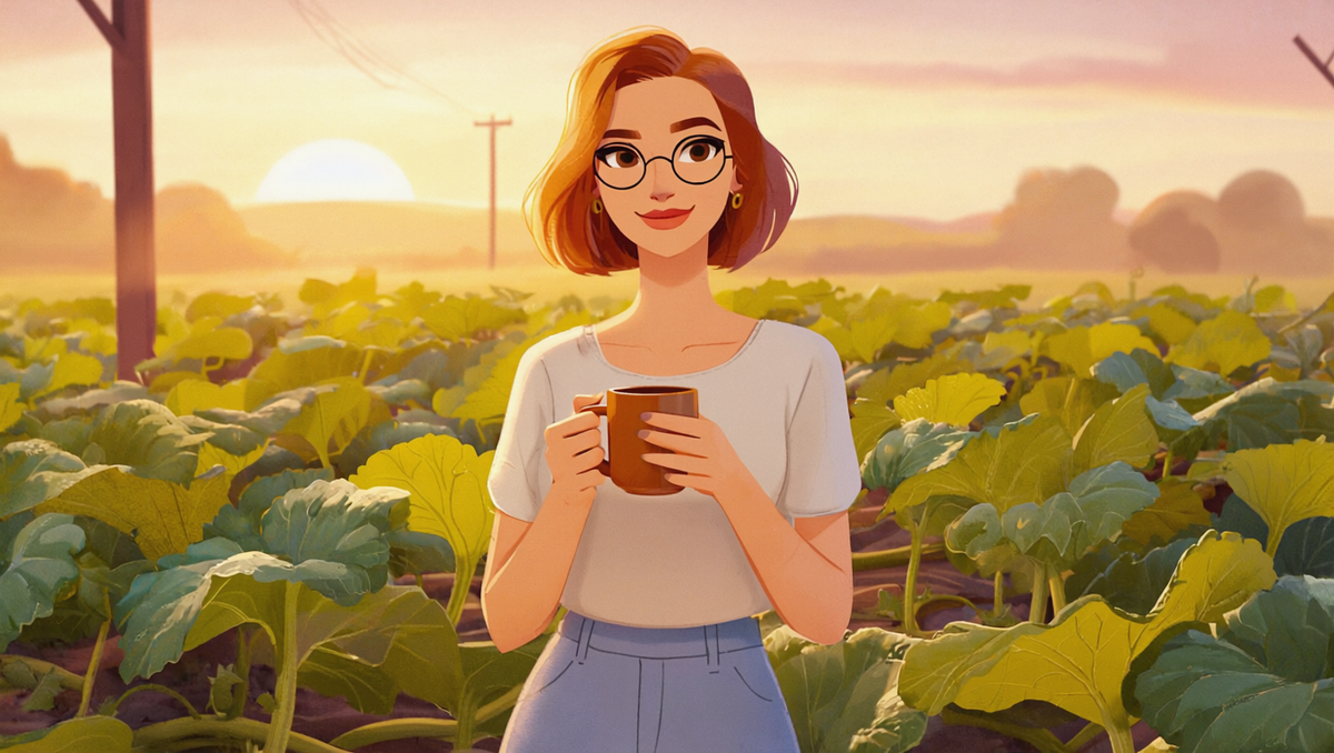Illustrated woman with auburn hair and round glasses holding coffee at sunrise in a green Kansas pumpkin patch on the summer solstice