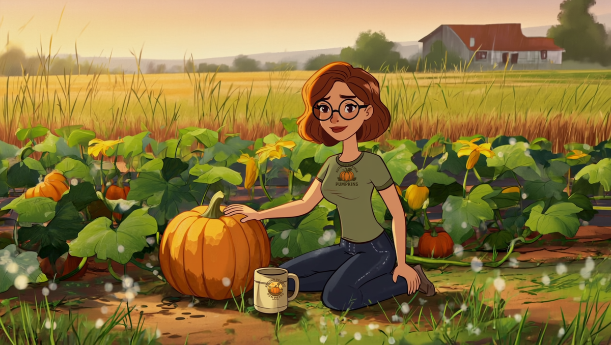 Maggie kneeling in a Kansas heirloom pumpkin patch at sunrise, one hand on a ripening pumpkin, coffee mug beside her