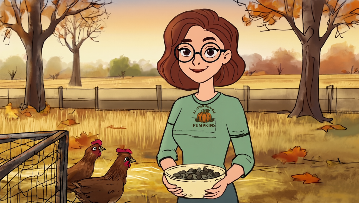 Maggie carrying a bowl of pumpkin seeds out to two brown hens at the chicken run on an autumn morning in Newton, Kansas