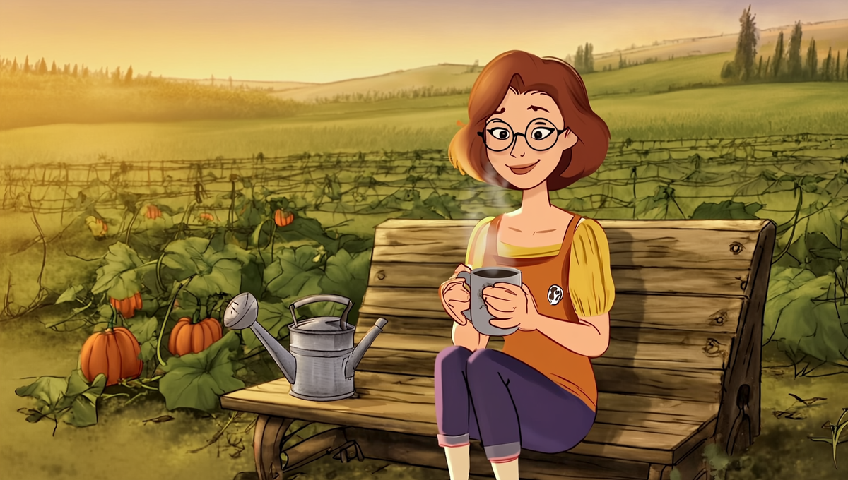 Maggie with coffee on a garden bench beside a late-June Kansas pumpkin patch