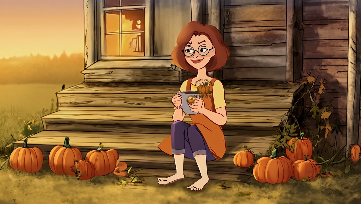 Maggie enjoying a fresh cup of coffee on an autumn prairie porch - Autumn Prairie Pumpkins