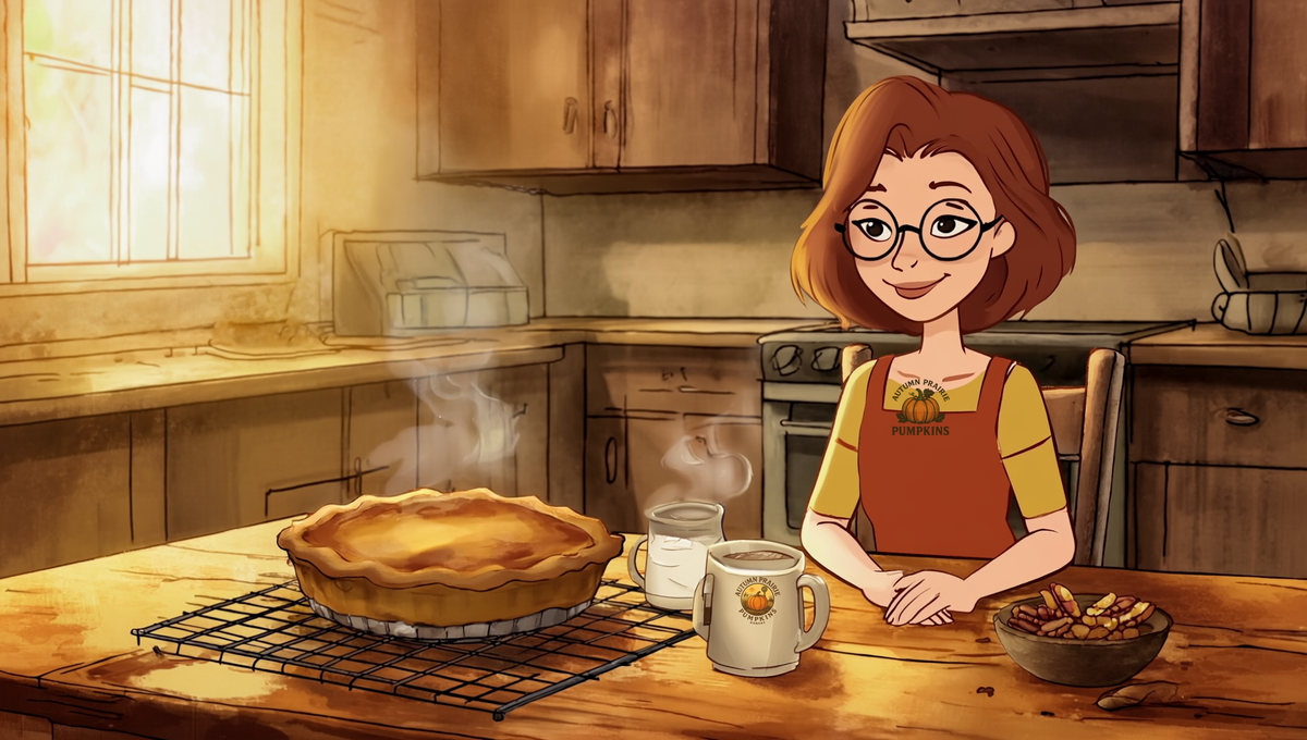 Maggie at a Kansas farmhouse table with a cooling pumpkin pie and a mug of Autumn Prairie Pumpkins coffee