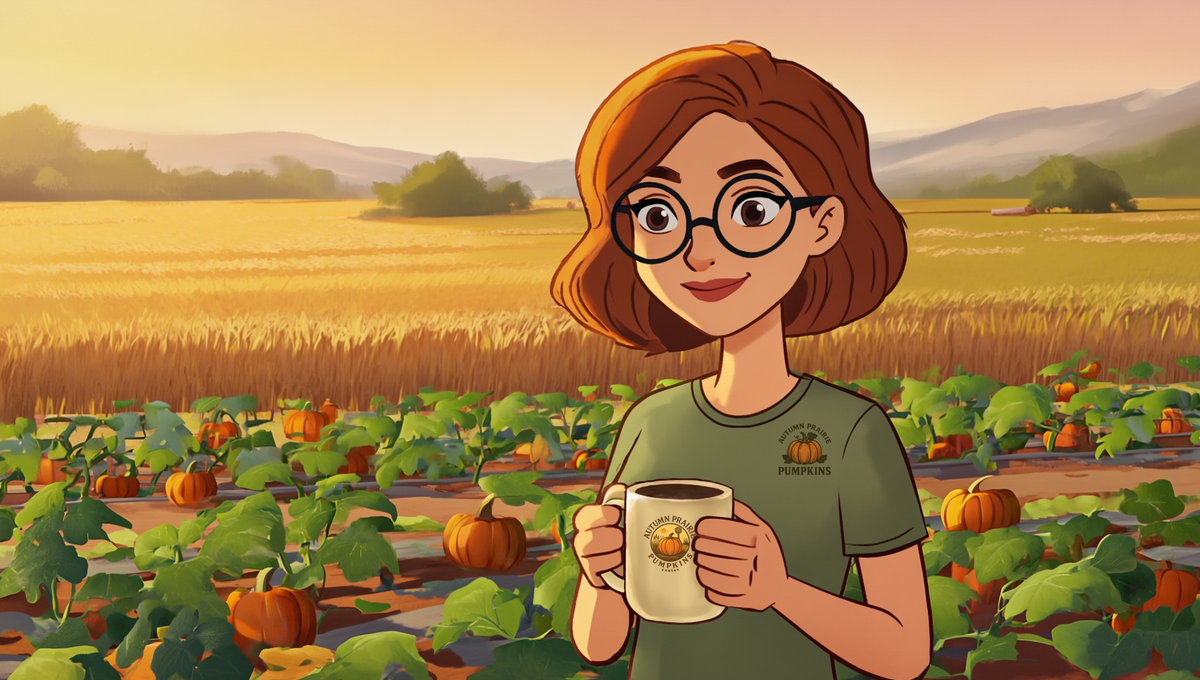 Maggie holding a mug of coffee at sunrise beside a Kansas pumpkin patch, checking the vines after a wet week