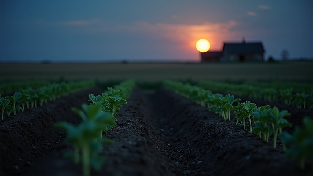 Moon rising over Kansas garden rows with young squash seedlings - Autumn Prairie Pumpkins