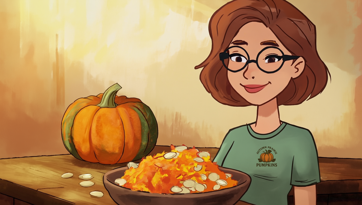 Maggie in a sage-green Autumn Prairie Pumpkins t-shirt behind a bowl heaped with orange pumpkin guts and pale seeds, whole pumpkin on the counter