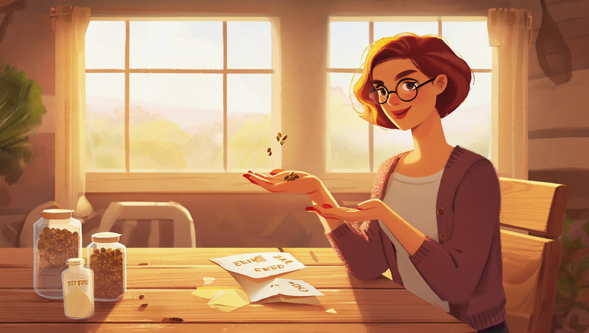 Woman examining heirloom seeds at a farmhouse table, illustrated storybook style - Autumn Prairie Pumpkins