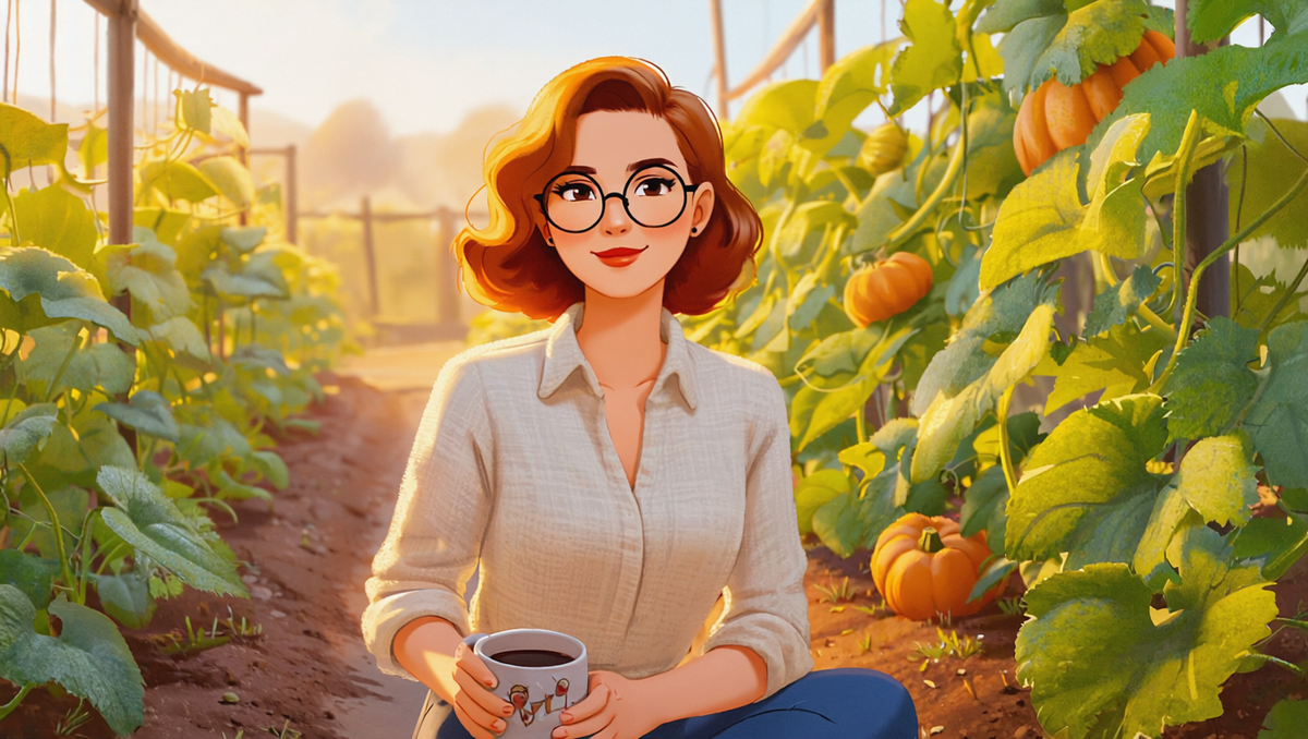 Woman tending pumpkin vines in a Kansas garden on a late May morning with coffee in hand - illustrated art style
