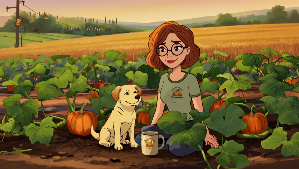 Illustration of a Kansas gardener kneeling in a green pumpkin patch beside a yellow Labrador, with a coffee mug on the soil and ripe pumpkins on the vines