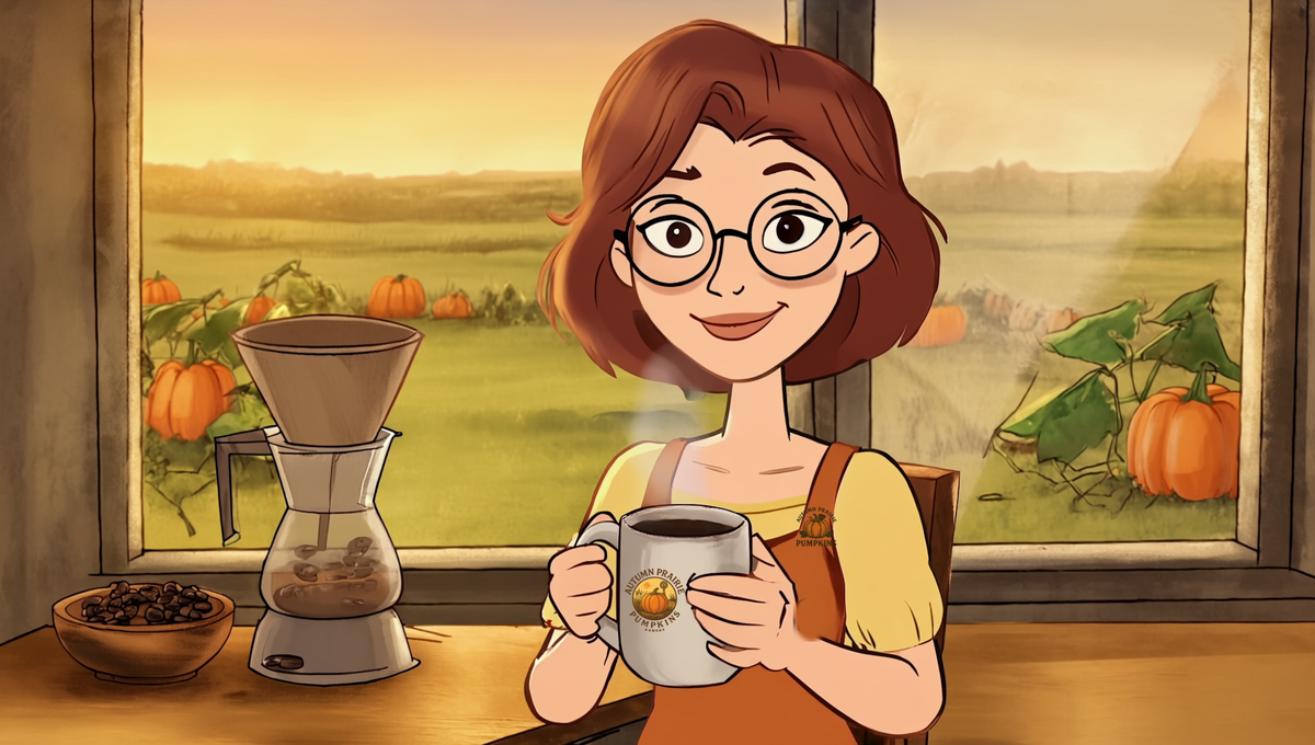 Maggie holding a plain white mug beside a paper cone drip brewer and a bowl of whole coffee beans, with a Kansas pumpkin patch out the kitchen window - what grind size for drip coffee