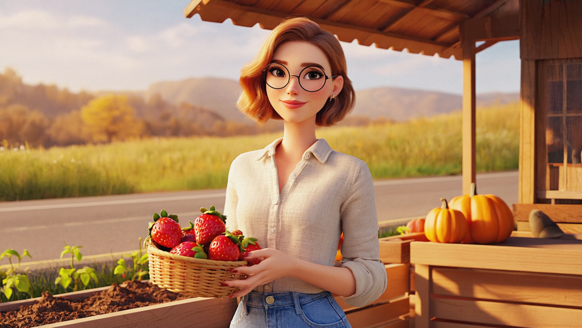 Woman holding a basket of ripe strawberries at a Kansas farm stand in late May with pumpkin seedlings in the garden behind her - illustrated art style
