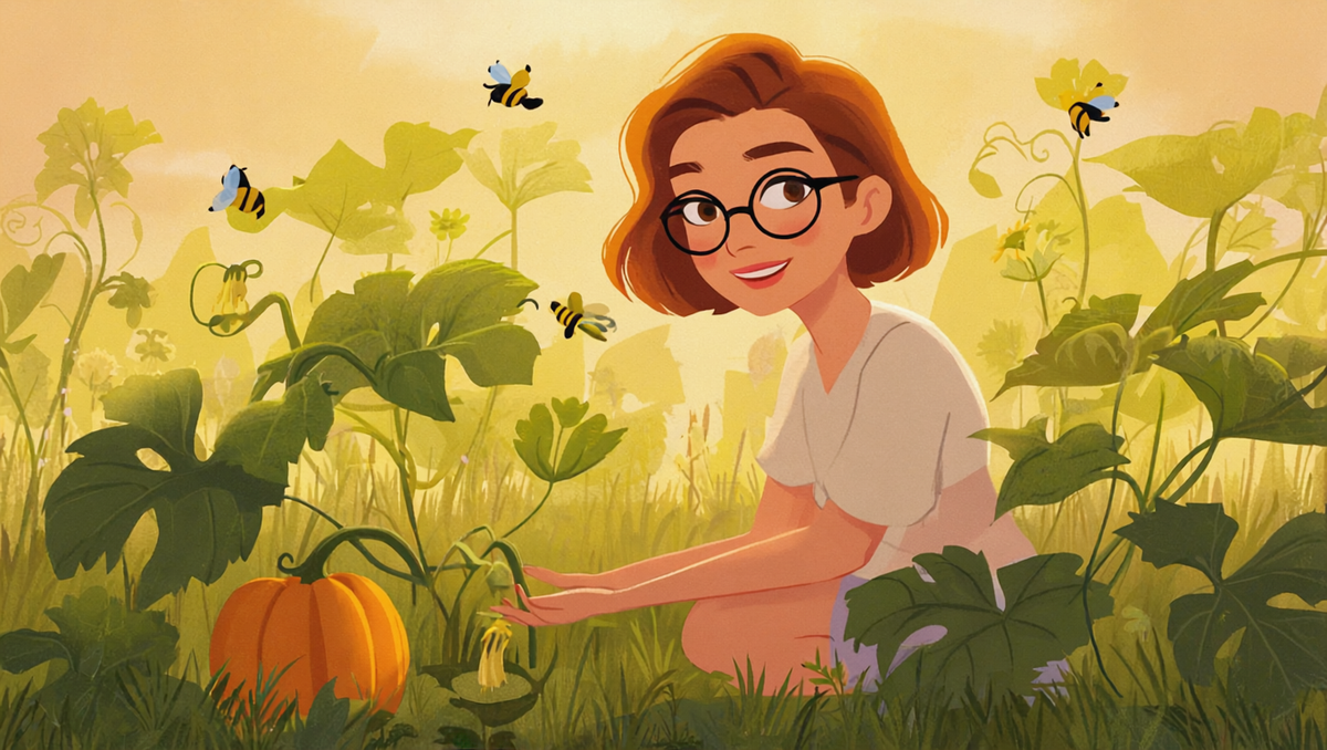 Illustrated woman in her mid-thirties with short auburn hair and round glasses tending a pumpkin patch in an unmowed May lawn with bumblebees