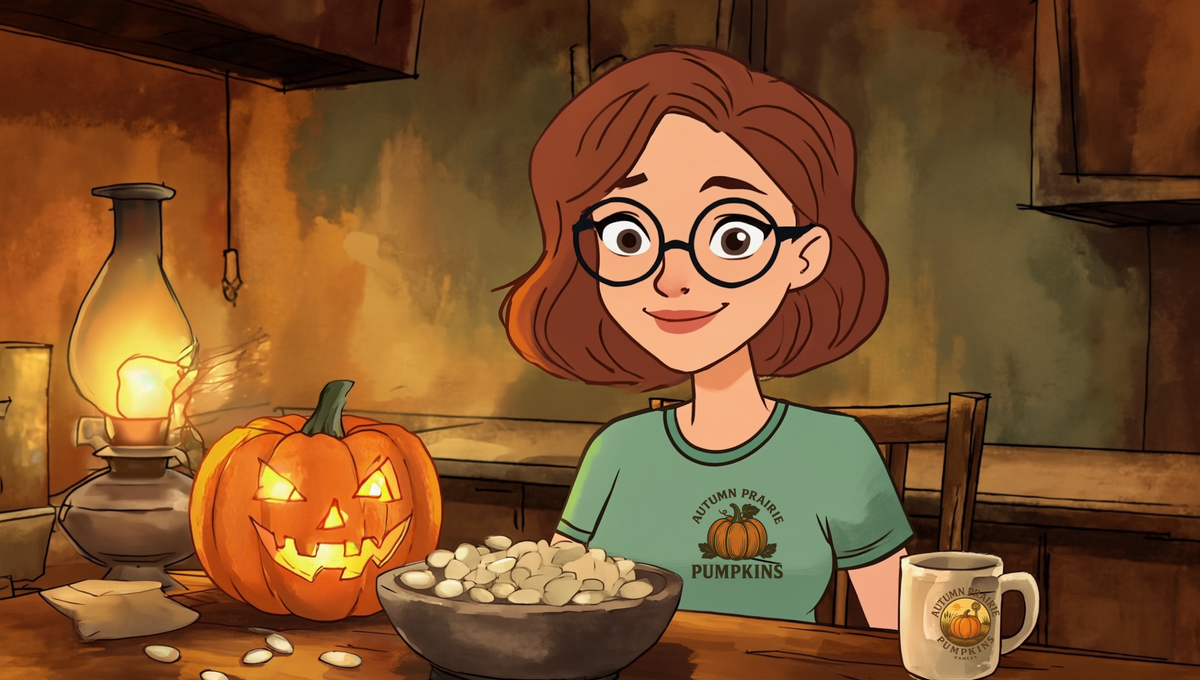 Maggie at a Kansas kitchen table on an autumn evening with a carved jack-o-lantern and a bowl of freshly scooped pumpkin seeds