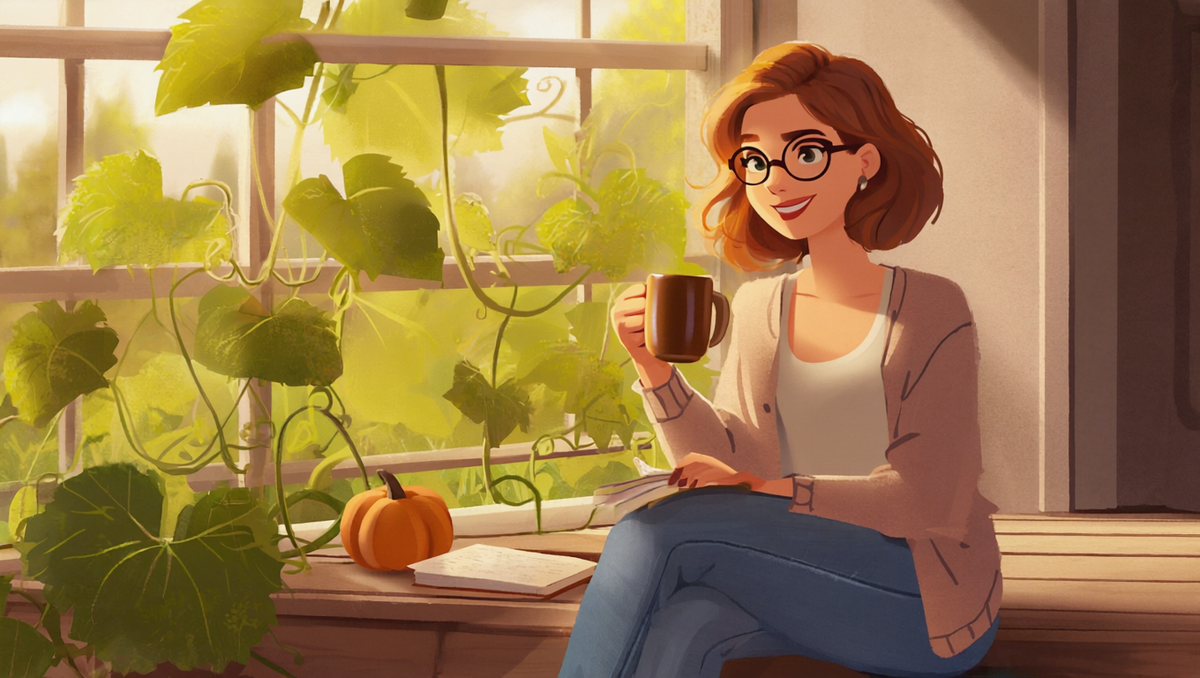 Illustrated woman with short auburn hair and round glasses sitting on a garden porch step with a coffee mug, overlooking a lush Kansas pumpkin garden at sunrise, warm storybook art style