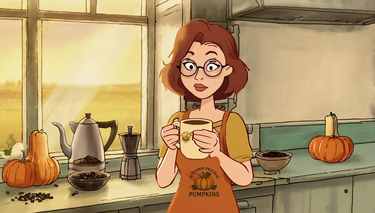 Illustrated woman in Autumn Prairie Pumpkins apron tasting coffee at a sunlit Kansas farmhouse kitchen counter