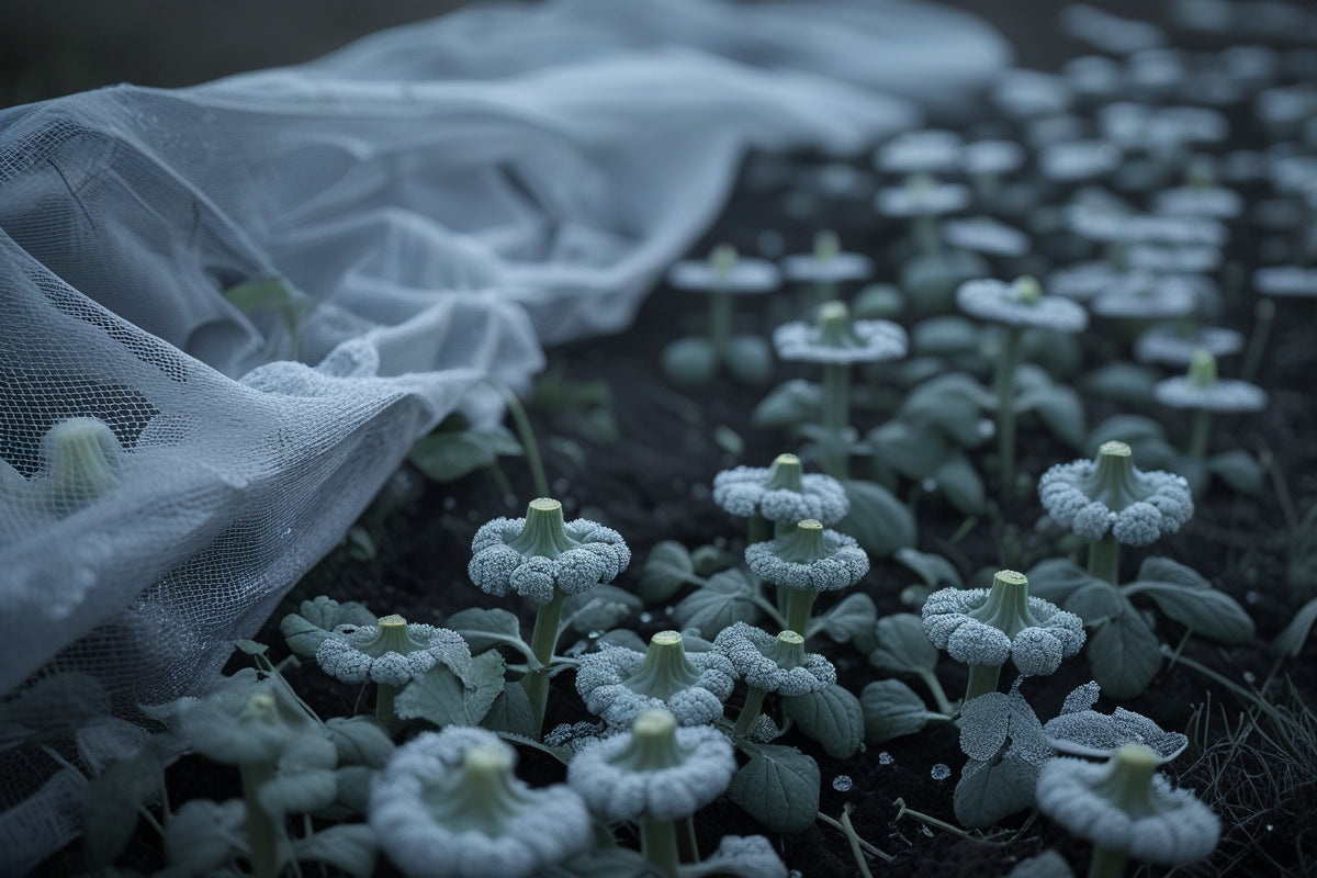 Young pumpkin seedlings in Kansas garden bed with frost crystals on soil and row cover fabric nearby