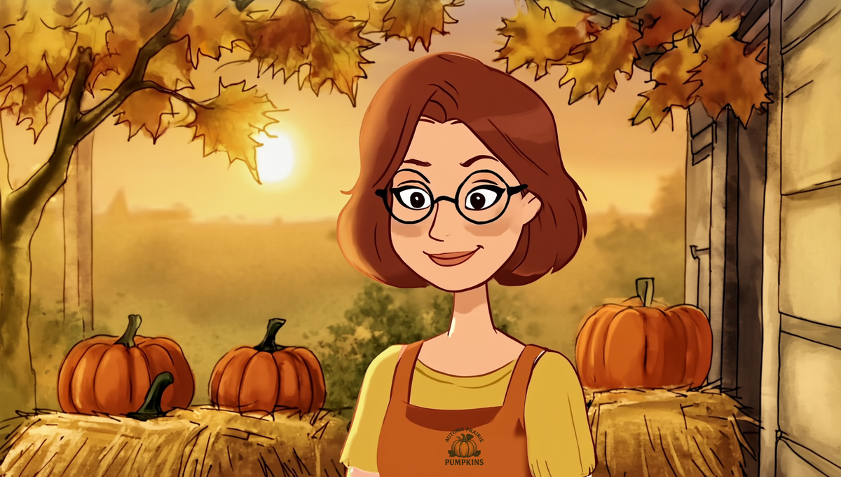 Maggie smiling in an autumn porch scene with cured pumpkins on straw bales - coffee freshness - Brew Journal