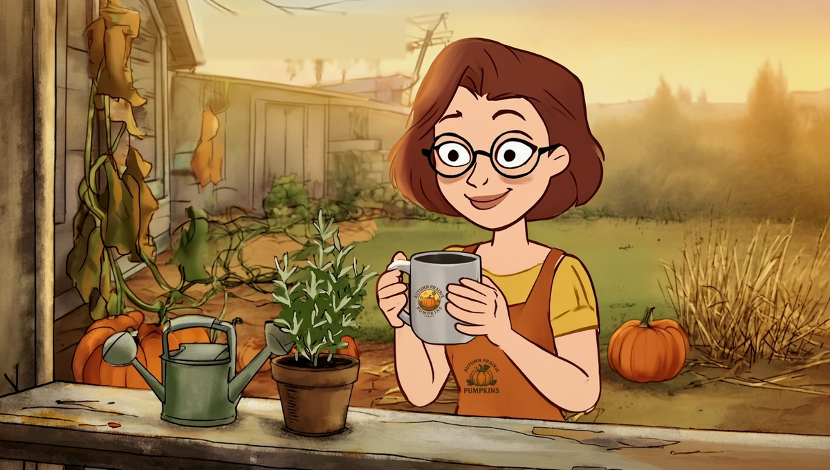 Maggie holding a plain mug of coffee on a farmhouse porch rail beside a potted rosemary and a watering can, with pumpkins in an early-fall Kansas garden, Autumn Prairie Pumpkins Brew Journal