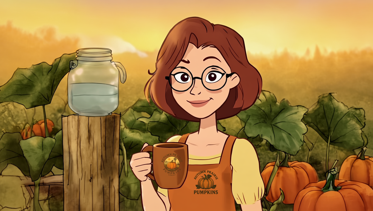 Maggie holding a plain mug of coffee beside a quart jar of water on a fence post in a hot Kansas pumpkin patch at sunrise - Autumn Prairie Pumpkins