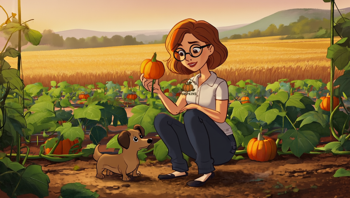 Maggie crouching in the Kansas pumpkin garden with her dachshund - Autumn Prairie Pumpkins