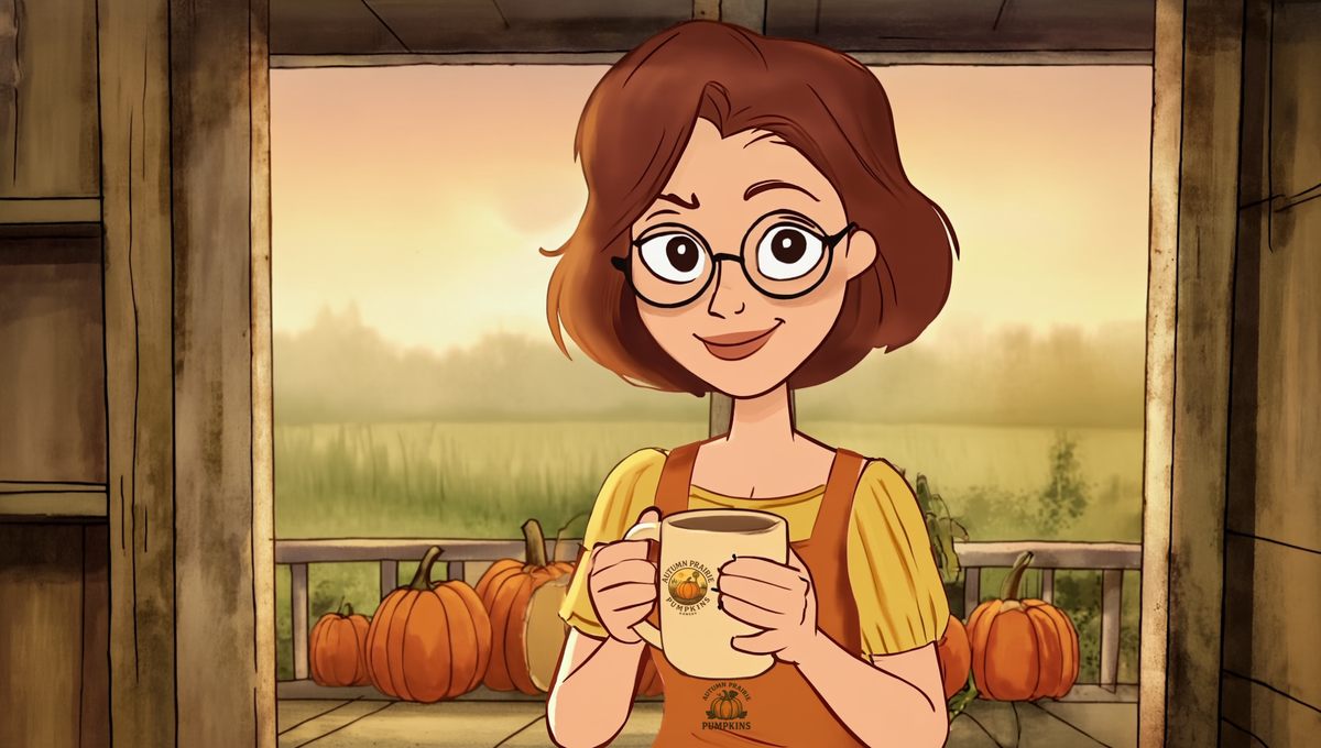 Maggie holding a plain mug of coffee at a farmhouse kitchen window with pumpkins curing on the porch rail, Autumn Prairie Pumpkins Brew Journal