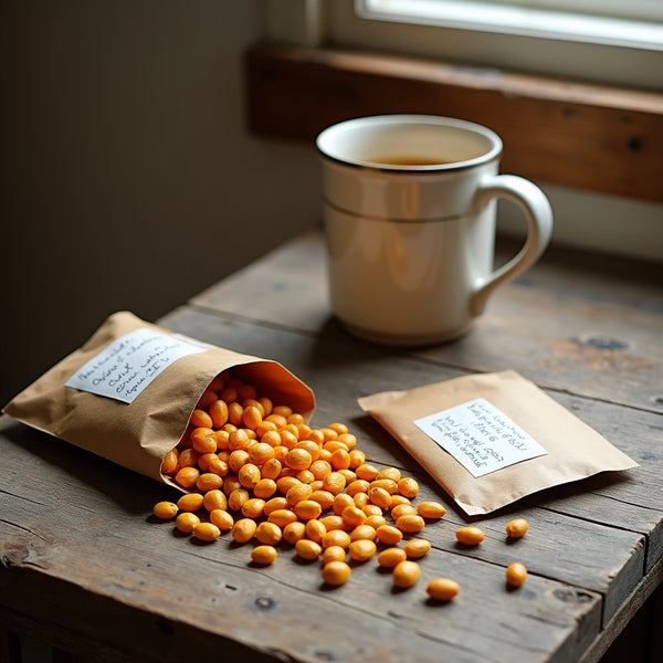 Saved pumpkin seeds on a wooden table with kraft paper envelopes and a coffee mug - seed saving for beginners