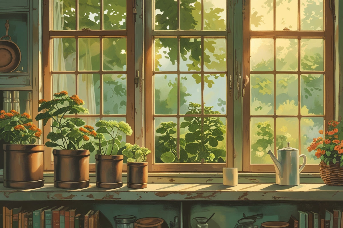 Young pumpkin seedlings on a sunny farmhouse kitchen windowsill, reaching toward the light — heirloom seeds passed down through generations