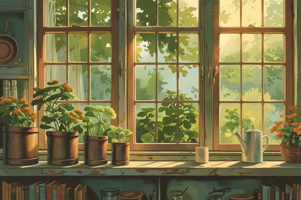 Young pumpkin seedlings on a sunny farmhouse kitchen windowsill, reaching toward the light — heirloom seeds passed down through generations