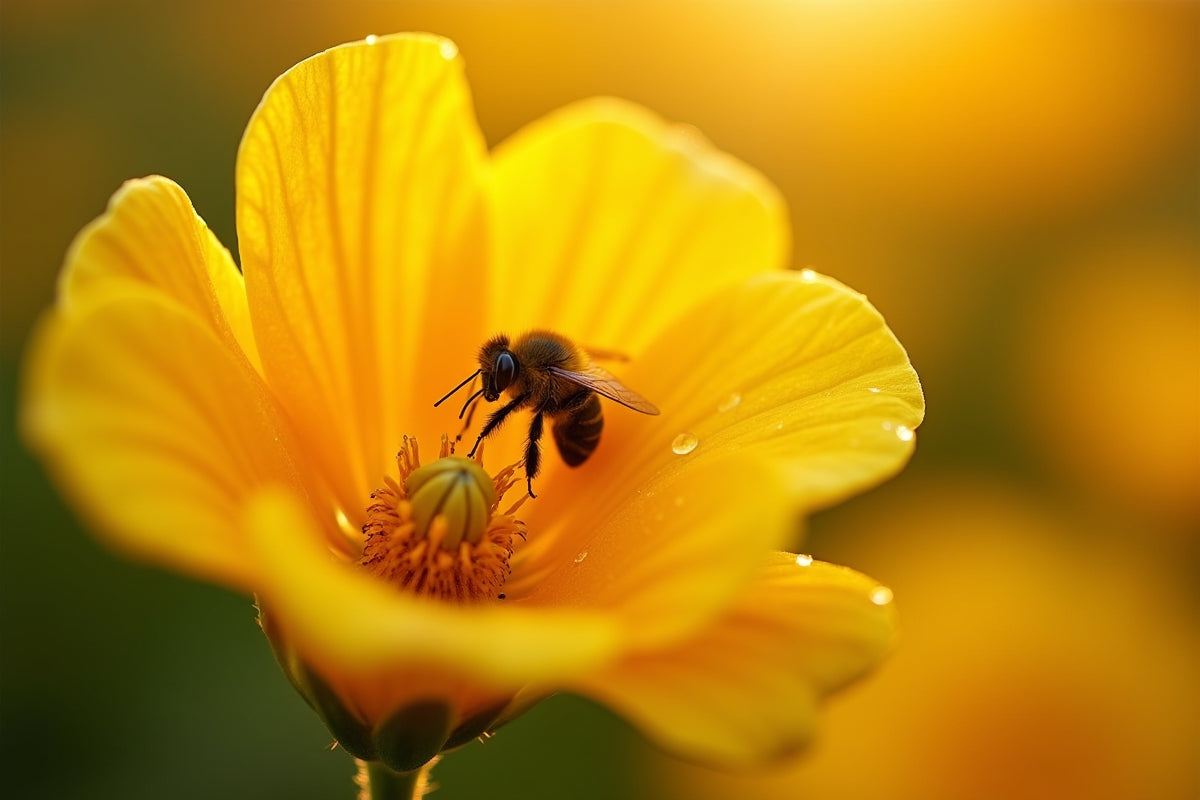 Native squash bee Peponapis pruinosa inside a yellow cucurbita pumpkin blossom at dawn - Kansas prairie garden