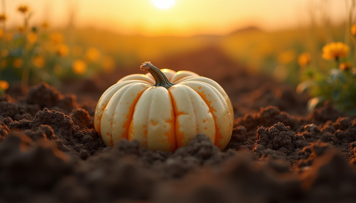 A pumpkin seed resting in dark Kansas prairie soil at dawn, golden May morning light, first day of planting season