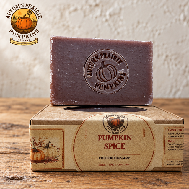 Pumpkin Spice Soap: soap and kraft packaging on rustic wood, with the Autumn Prairie Pumpkins logo.