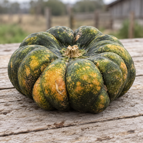 Yuxi Jiang Bing Gua squash - flattened ribbed dark green fruit with orange mottling on weathered wood - Chinese heirloom moschata