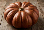 Musquee de Provence pumpkin, deeply lobed russet-brown French heirloom fruit on a weathered wood table