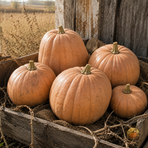Upper Ground Sweet Potato squash in a weathered porch crate with prairie grass behind - Appalachian heirloom winter squash