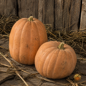 Close view of Upper Ground Sweet Potato squash against barn boards - tan skinned moschata heirloom